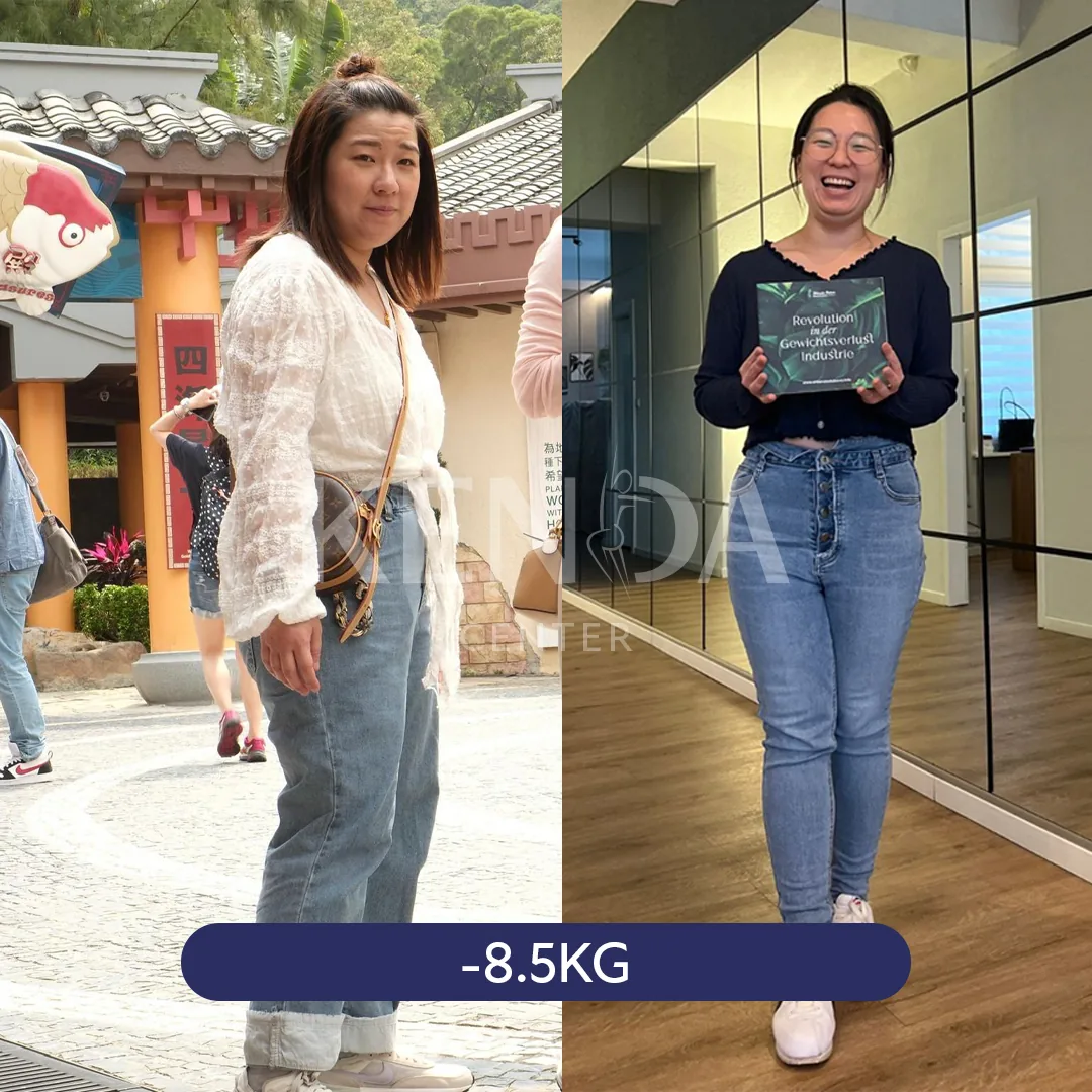 Two side-by-side photos: a person in a light cardigan and jeans outdoors, and in a dark top and jeans indoors.