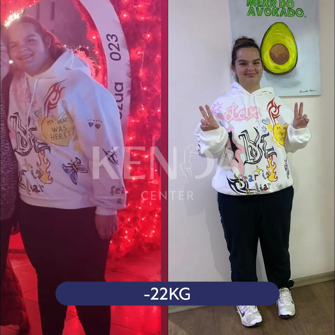 Two side-by-side photos: a person in a white graphic hoodie in a red-lit setting, and in a white hoodie indoors.