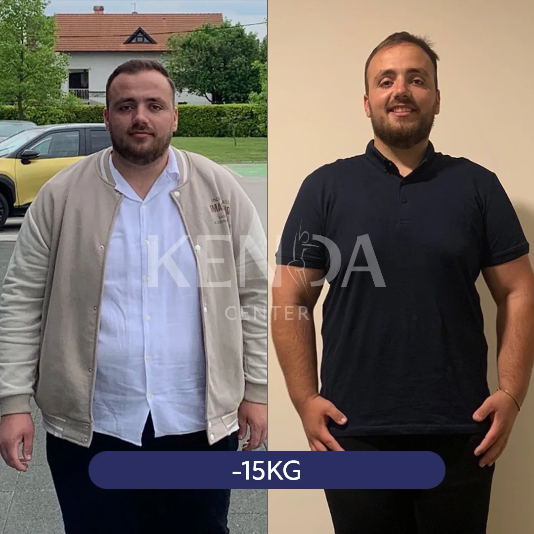 Two side-by-side photos: a person in a light jacket outdoors, and in a black polo shirt indoors.