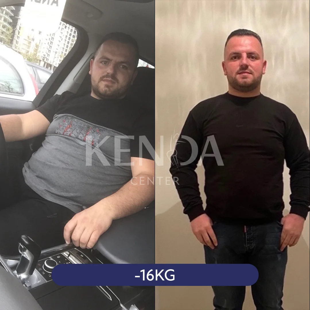 Two side-by-side photos: a person in a dark T-shirt seated in a car, and in a black top standing indoors.
